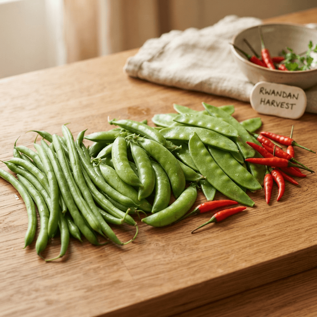 Freshly harvested French beans, sugar snaps, and chillies from TERRANEXA's fields