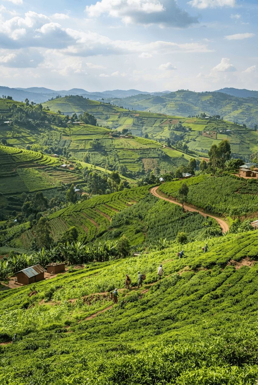 Terraced hills and farmland across the Rwandan countryside